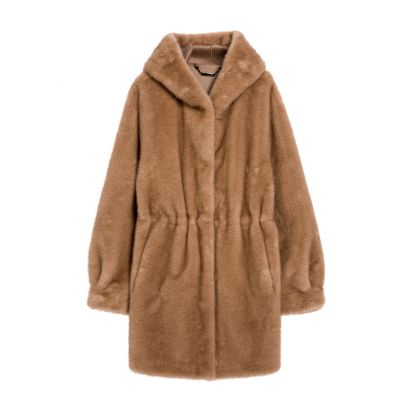Beżowe futro damskie z kapturem FUTDP-0062-81 Z25